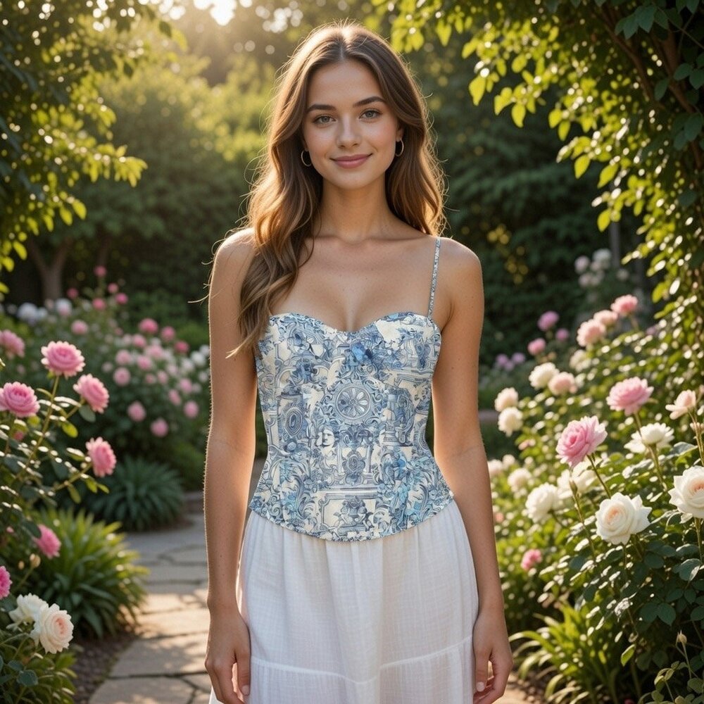 NWT PrettyLittleThing Renaissance Print Blue/White Corset Top, Size 10